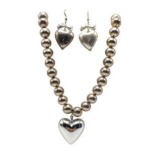 Puffy Heart Pendant Necklace Earrings Set With Silver Tone Beads Bow Accents